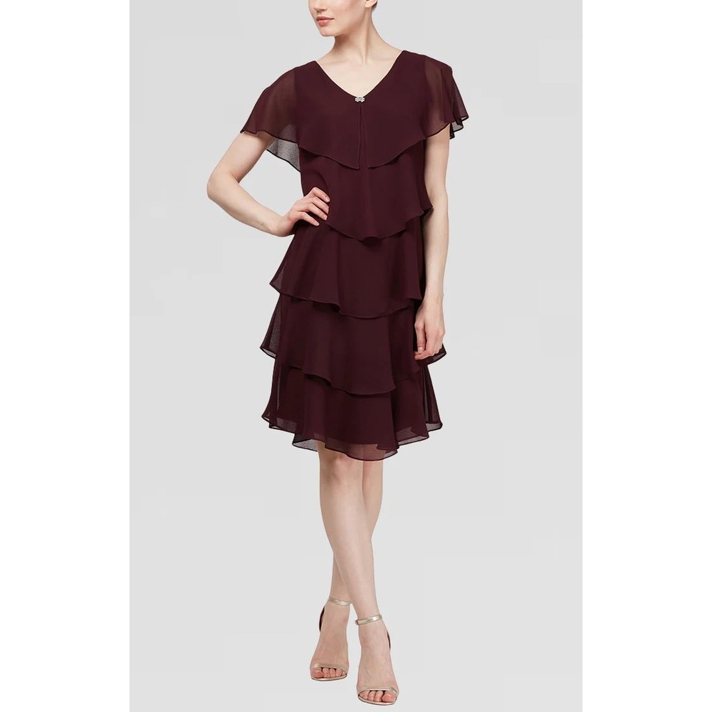 SLNY Burgundy Tiered Chiffon V-Neck Cocktail Dress Rhinestone Detail Womens 18